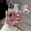 Crossbody Lanyard Shockproof Glitter Plating Mirror Magsafe Holder Case for iPhone 16E 16 15 14 Plus 13 12 11 Pro XS Max XR X