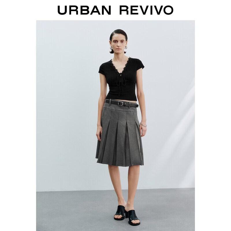 UR2026 Women s Spliced Lace Tie V-Neck T-Shirt M