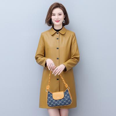 Autumn and Winter New Large Leather Clothes Women's Korean Edition Polo Collar Mid Length Leather Jacket Women's Slim Fit Leather Outer Cover Trend