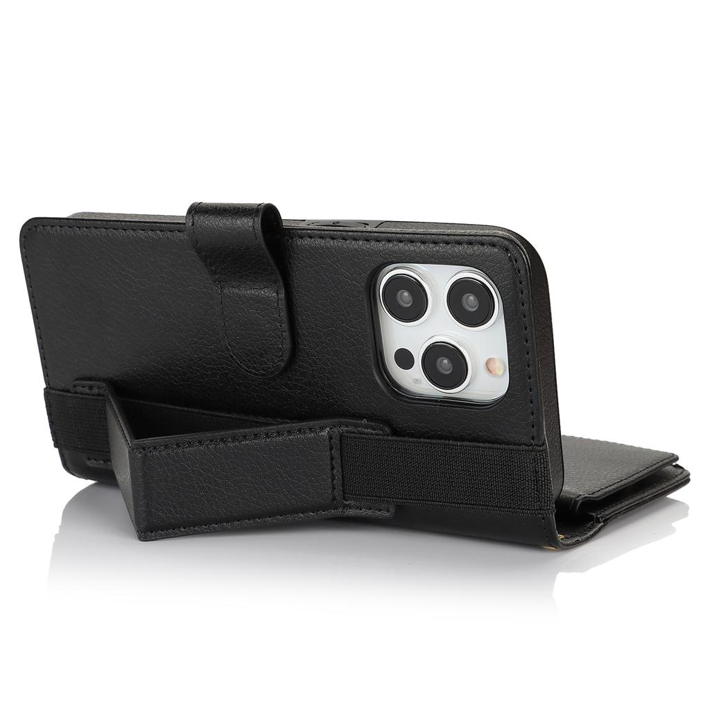 XL-001 For iPhone 15 Pro Case Zipper Pocket Wristband Stand Leather Phone Cover