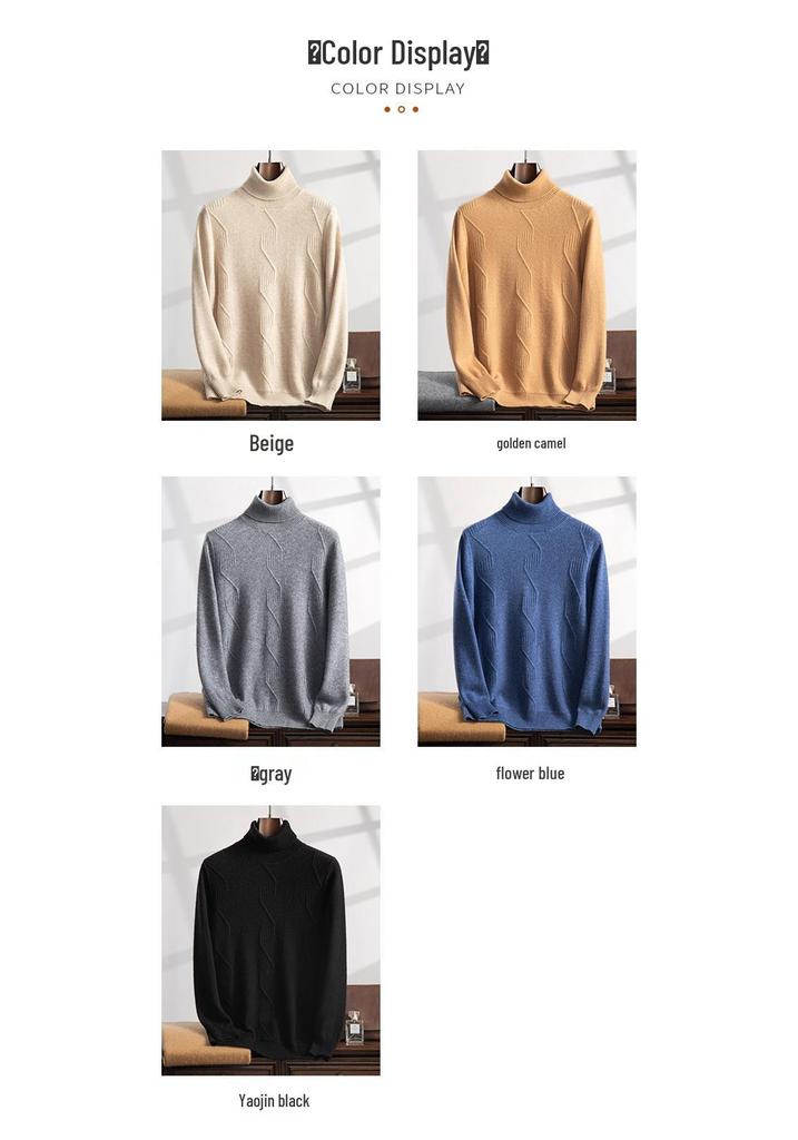 Suéter Masculino de Cashmere de Gola Alta com Fio Duplo - Grosso, Manga Longa, Tamanho Grande, Tricô de Cor Pura