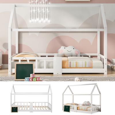 Ev Yatak 90 x 200 cm Çocuk Odası için Ahşap Yatak dahil. Karatahta, Çıtalı Çerçeve, Düşme Koruması, Çam Ağacından Beyaz (Yataksız)