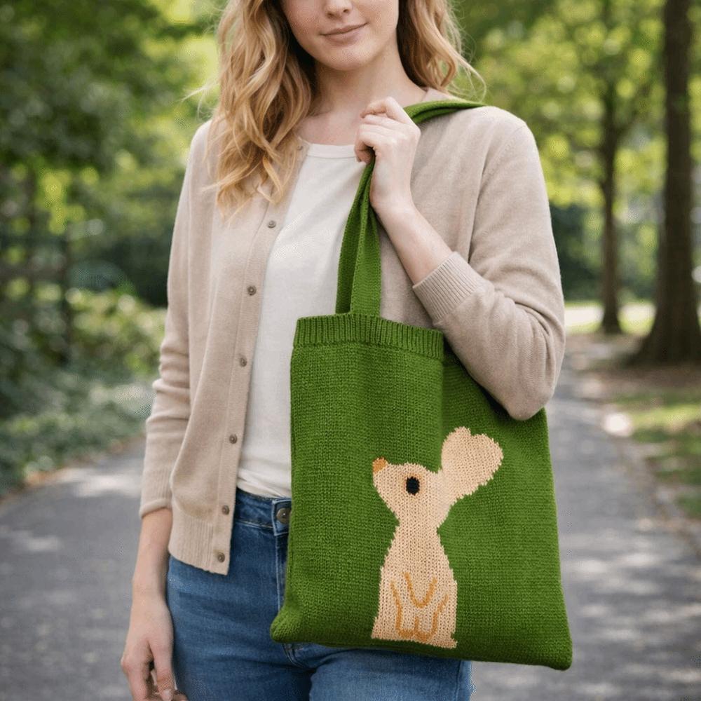 Handmade Crochet Bag Green Weave Shoulder Bag Simple Rabbit Handbag  Beach