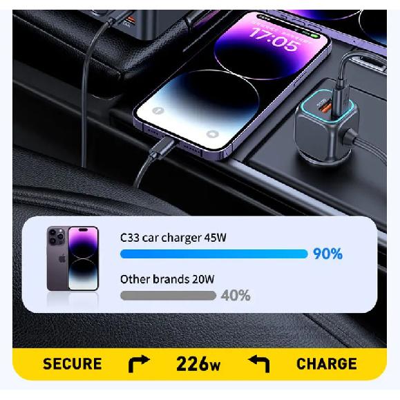 226W Car Charger Fast Charging Cigarette Lighter Split Adapter PD QC3.0 USB Voltage Display Front Rear Charge 12V 24V Truck SUV