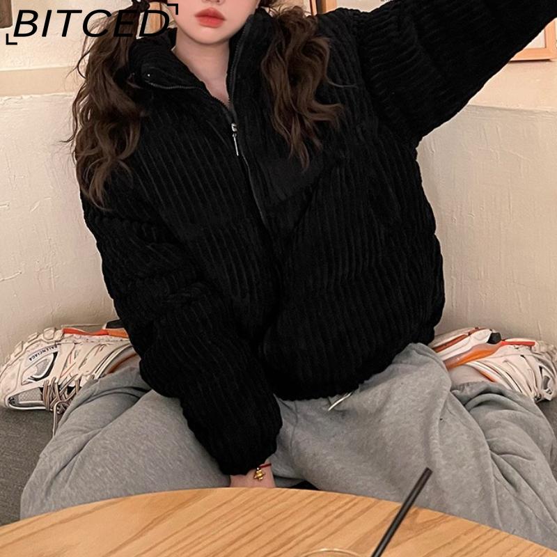 BITCED Winter Women's Stand Collar Short Corduroy Quilted Down Jacket Loose-Fit Lightweight Cotton-Padding Coat
