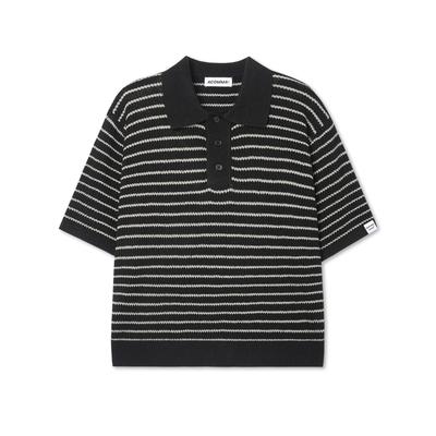 APOSTROPHE COMMA Striped Waffle Collar Short Sleeve Knit_Black