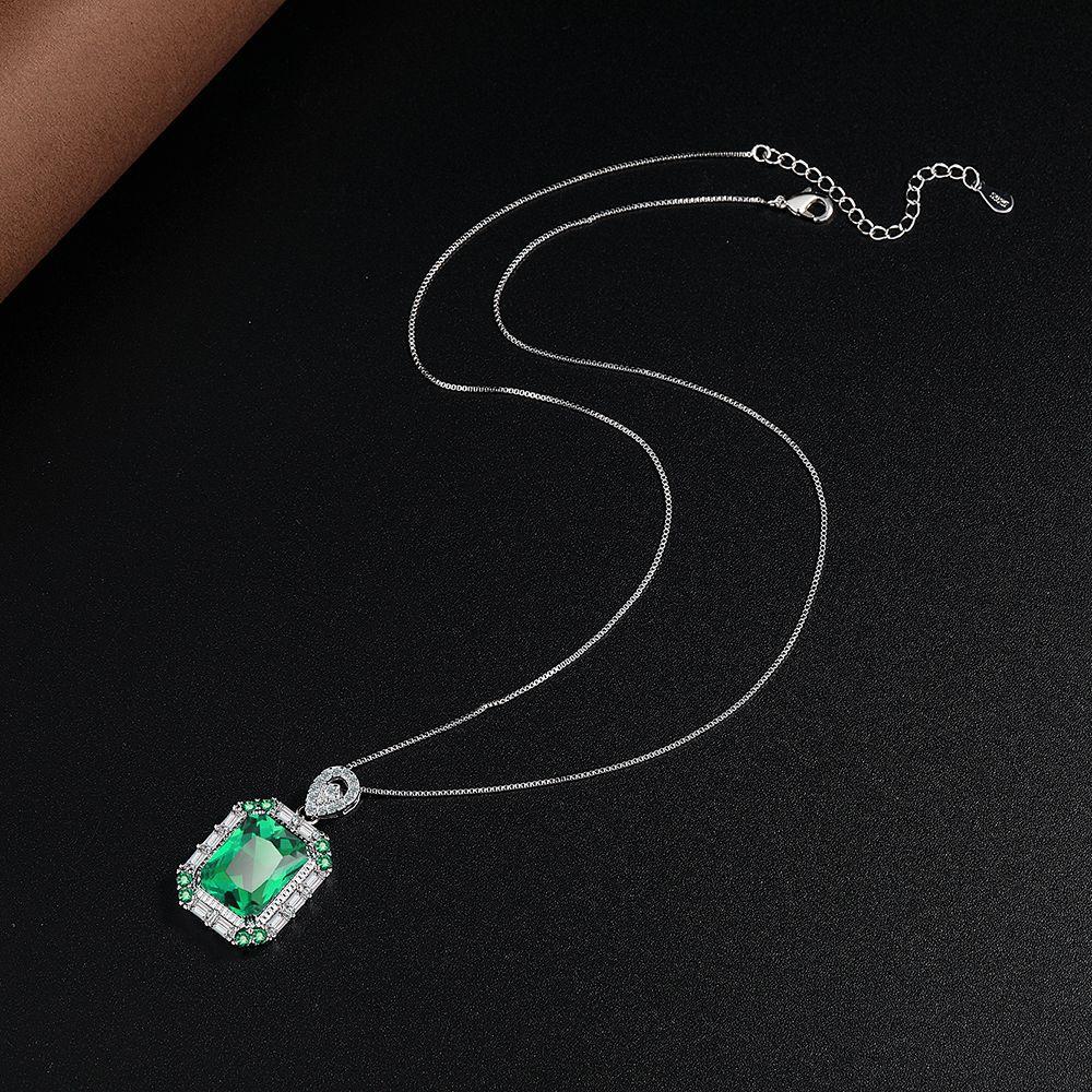 925 Sterling Silver Vintage Luxury Square Green Crystal Zircon Necklace Wedding Anniversary Birthday Anniversary Party Gift