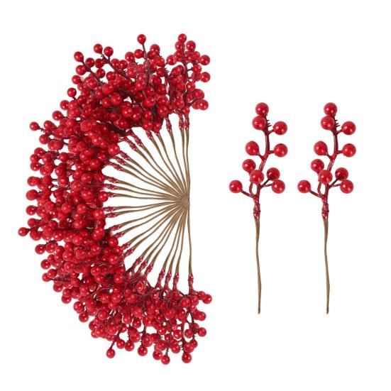 50 Pcs Christmas Artificial Picks Fake Greenery Pine Branches Faux Red Berry Stems for DIY Christmas Garland Wreath Flower Arrangement Decoration