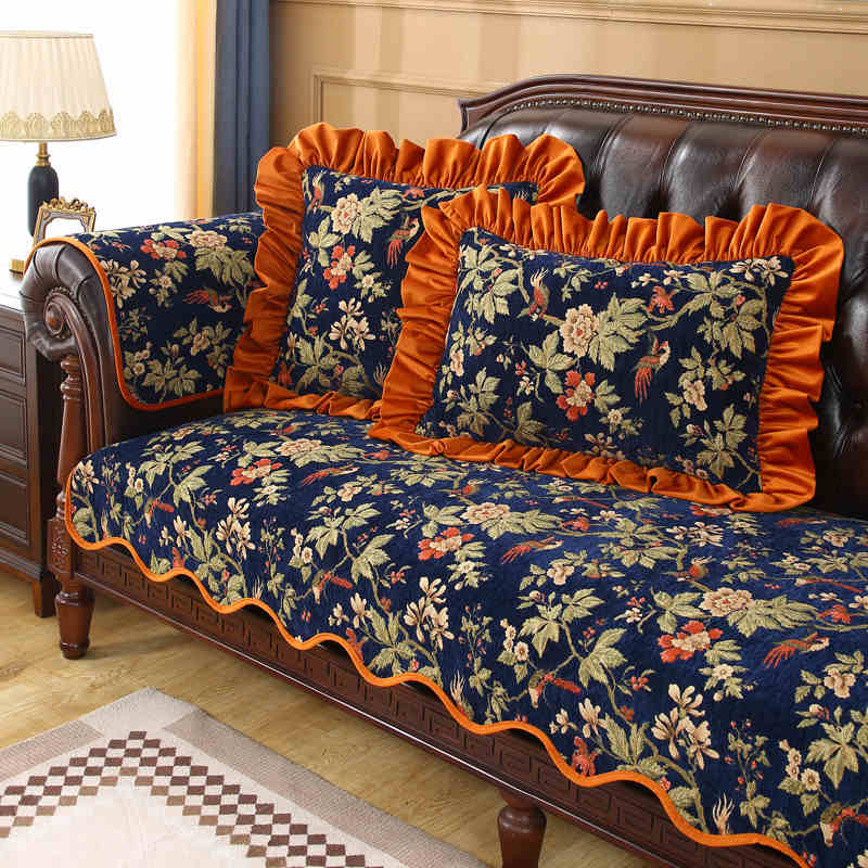Chenille Jacquard Sofakissen Alle Jahreszeiten Retro Sofabezug Heimdekor Rutschfestes Couchkissen Wohnzimmer Sofa Schutzbezug