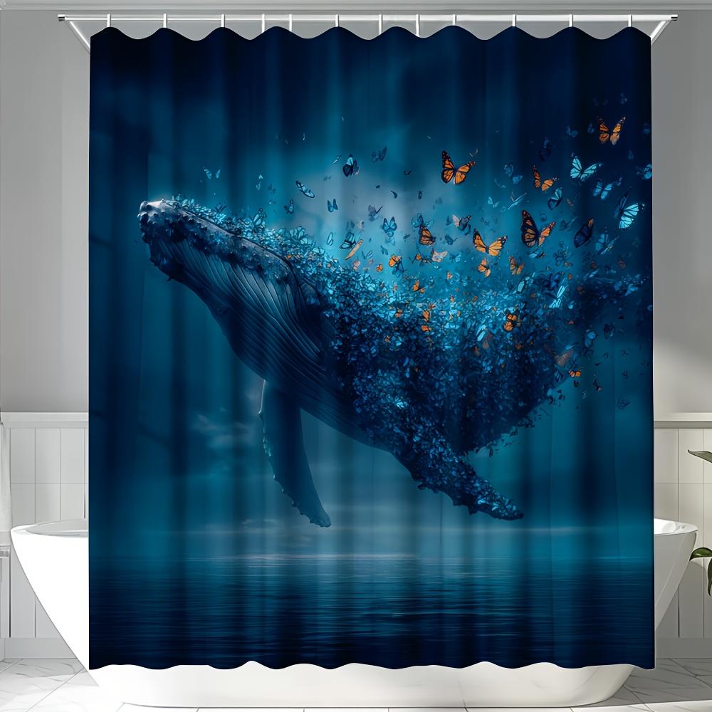 1Pc Suige Home Whale & Butterfly Printed Shower Curtain - Blue Whale Ocean Theme With Colorful Butterflies & Marine Life, Poly W60H190(CM)-1 Pcs