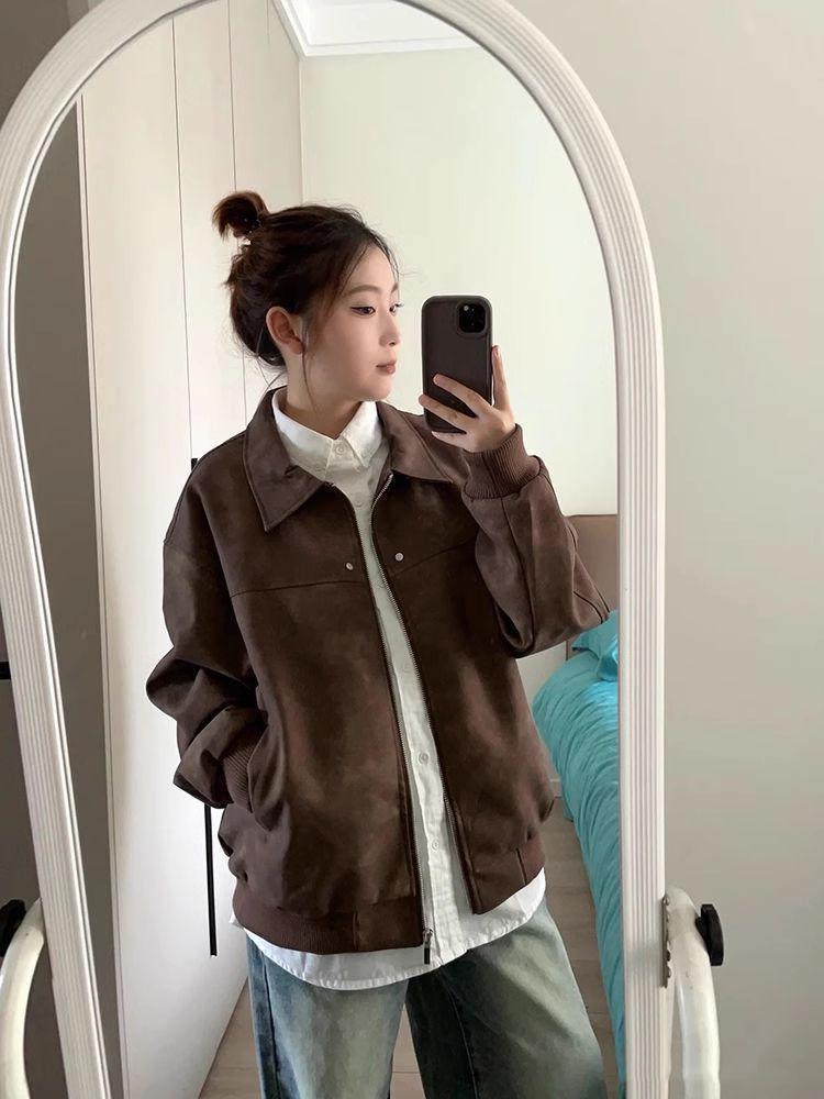 Women's High-End American Retro Brown Leather Jacket - Trendy Autumn/Winter Loose Couple Outerwear