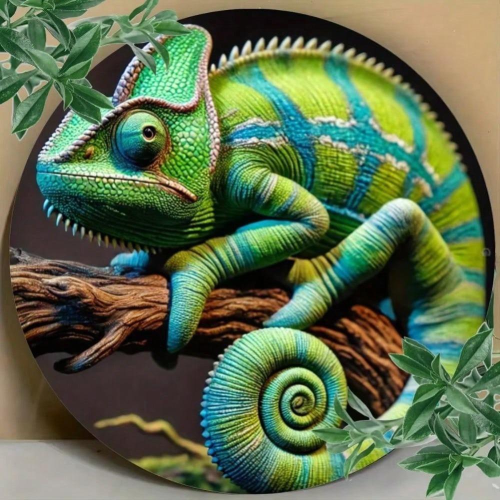 Metal Sign Art 2D Round Chameleon Personalized Wall Decor Gift Office Home Halloween Room Decor Kitchen Bathroom Bedroom Living