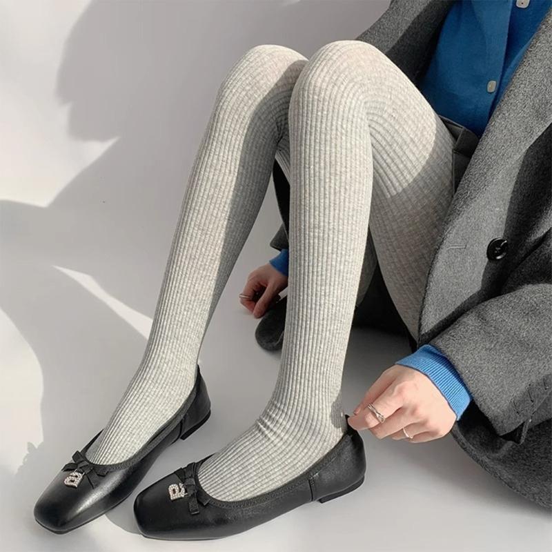 Women Vintage Slim Stockings Solid Color Thicken Ribbed Striped Pantyhose Tights