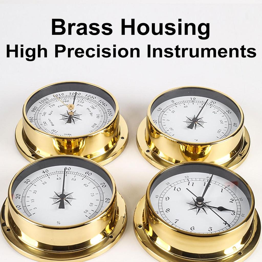 Hanging Weather Station, High Precision Thermometer Hygrometer Barometer Kit, Tide Clock Wall Clock Brass Case 4.5In Boat Accessory, for Boat Yacht,