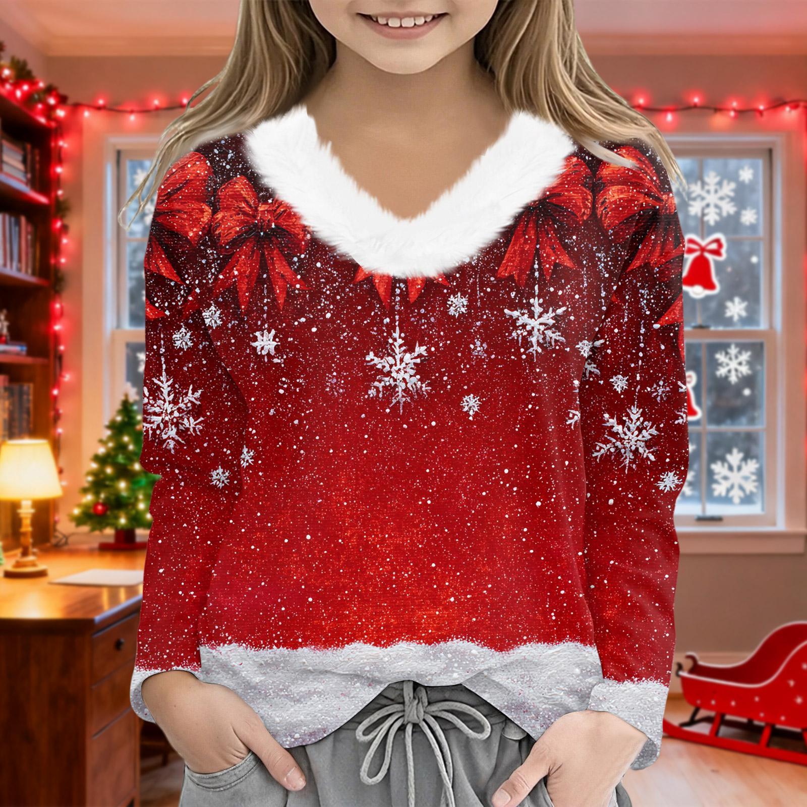 

Christmas Day Girls Long Sleeve T Shirts Kids Girls V-Neck Tee Christmas Print Long Sleeve Top 160