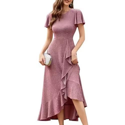 European and American women's clothing new high-waisted split ruffle edge dress cocktail party elegant shiny dress