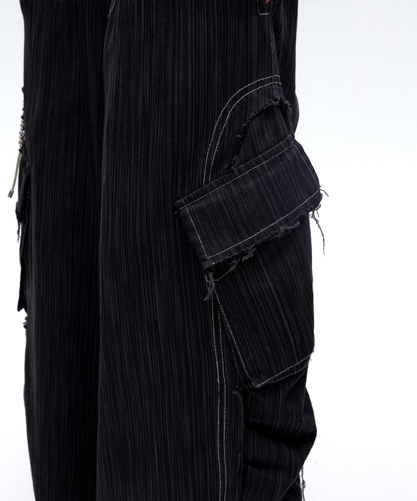Aleseueseussi Wrinkle Mixed Stripe Cargo Pants - Black
