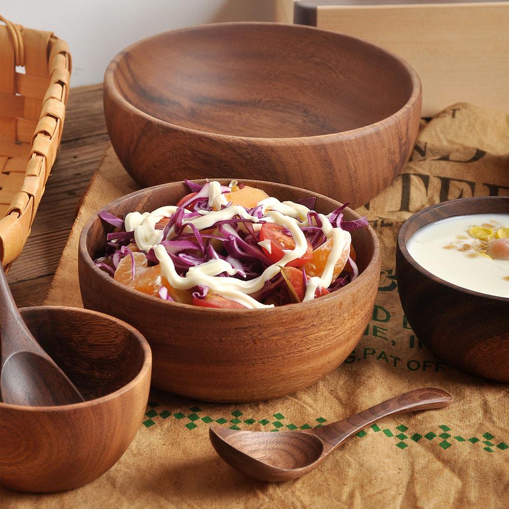 Jaswehome 1Pcs Salad Bowl Natural Acacia Wood Handmade Tableware Salad Grains Dried Fruit Shallow Mouth Bowl