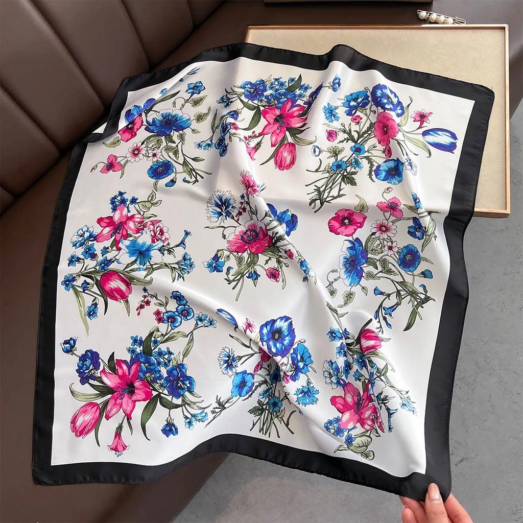 Floral Print Silk Square Scarfs 70cm Women Neckerchief Summer Beach Shawl Female Decorate Neck Ties Lady Hijab Neck Scarf Korean