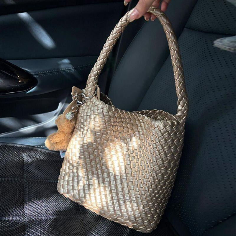 

2025 New Arrival Champagne Woven Bag Women s Large Capacity Work Clothing Satchel Shoulder Bag Idle Style Fancy Tote Bag Champagne small size