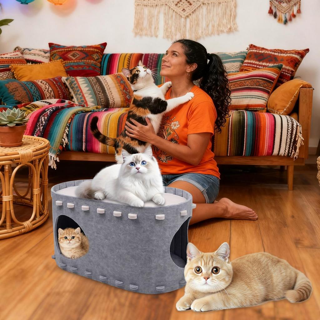 Cat Bed House Felt Foldable Comfortable Pet Supplies Kitten Bed Cave Indoor Pet House For Inside Outdoor Winter Home Small
