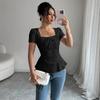 Women's Boho Tie Front Peplum Blouses Eyelet Embroidery Square Neck Short Sleeve Going Out Tops for Women UK