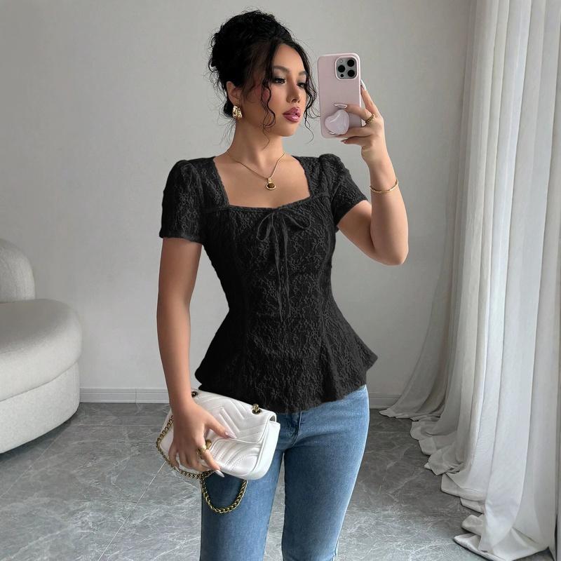 Women's Boho Tie Front Peplum Blouses Eyelet Embroidery Square Neck Short Sleeve Going Out Tops for Women UK