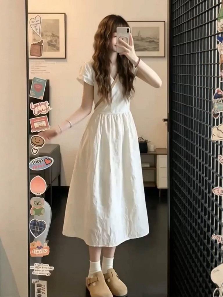 French White V-neck Dress Children's Summer New Popular Beautiful Waist Pinched Beautiful Non-collision Long Dress