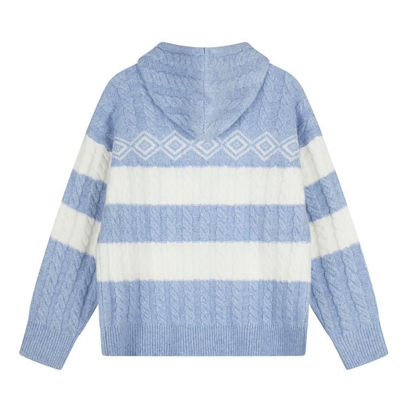Mens Striped Color Block Hooded Cardigan Sweatshirt Loose Casual Knit Jacket
