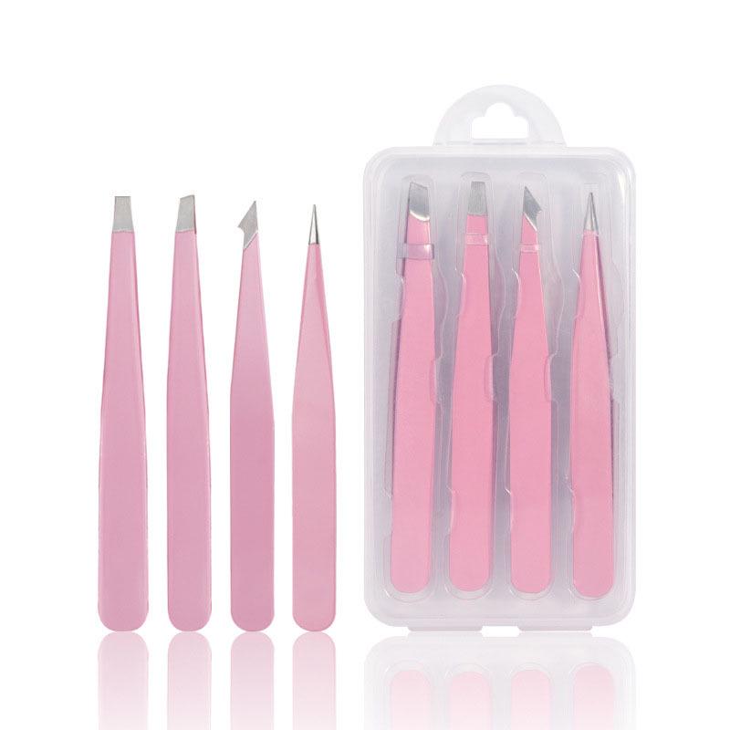 Pink Stainless Steel High Precision Slanted Eyebrow Tweezers with Pointed Hook in Plastic Box Set.