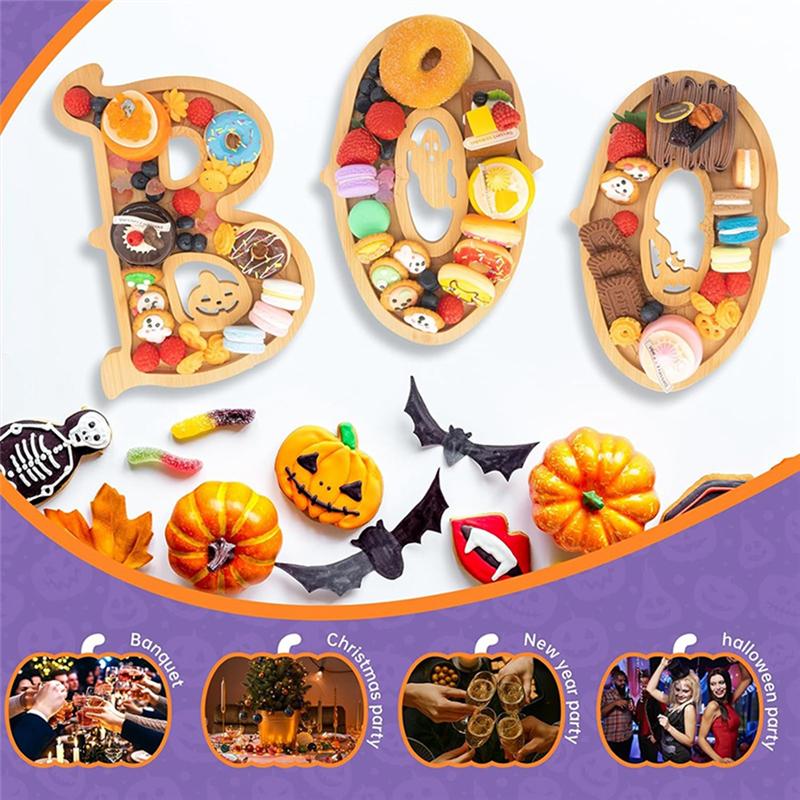 VOFUN-Halloween BOO Charcuterie Board Wooden Serving Tray 3 PCS For Indoor For Kitchen Table Fireplace Decorations
