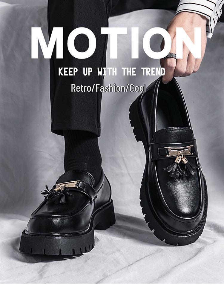 Men's Black Tassel Leather Slip-On Shoes - Autumn New Style Thick Sole, Big Toe, Fashionable Casual Low-Top
