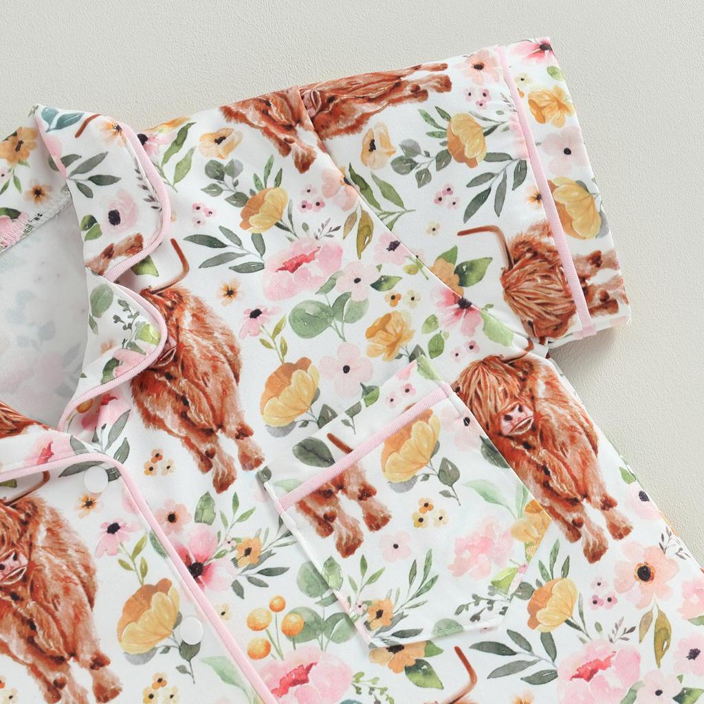 1-6Y Toddler Girls Cow Print Short Sleeve Button-Up Pajamas Top Shorts Summer 2PC Cotton Flower Pajamas Set