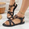 Fashion Ethnic Flower Open Toe Sandals Woman Retro Elastic Band Low Heel Black Sandal Female New Cross Strap Soft Sole Sandalias Mujer