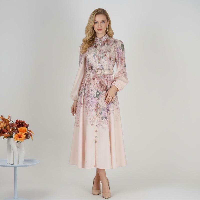Spot French Retro Style Stand-up Collar Lantern Sleeve Single-breasted Positioning Printed Dress Spring and Summer New Long Dress