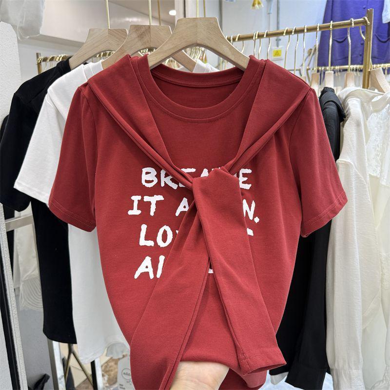 

Women s Summer Korean-Style Letter Print Slimming Top - Pure Cotton, Fake Two-Piece Shawl, Short-Sleeved. M (40-50kg) красный