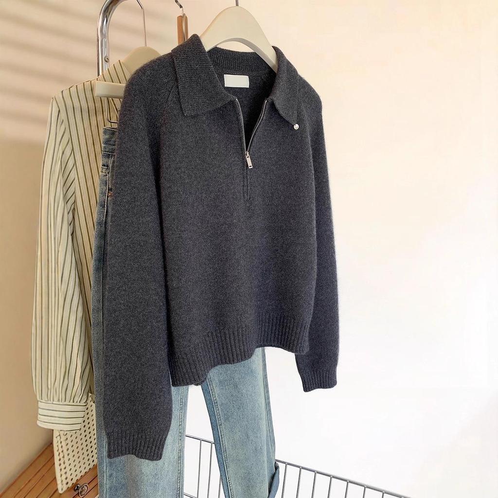 Pulover tricotat cu guler polo și jumătate de fermoar pentru femei, Toamnă/Iarnă 2025, Top cu rever mic.