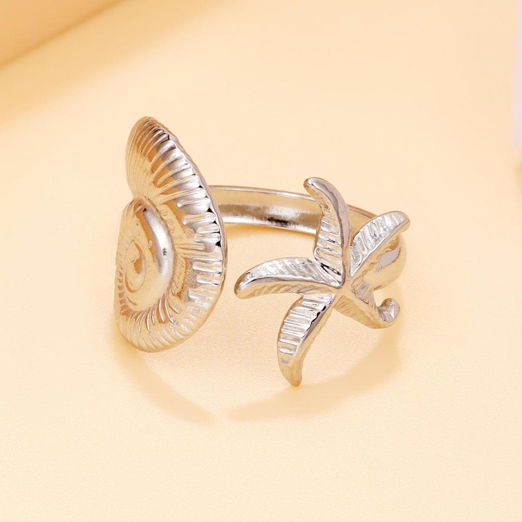 Stylish Ocean Animal Ring: Starfish & Seashell Design, Stainless Steel, Adjustable Open Band