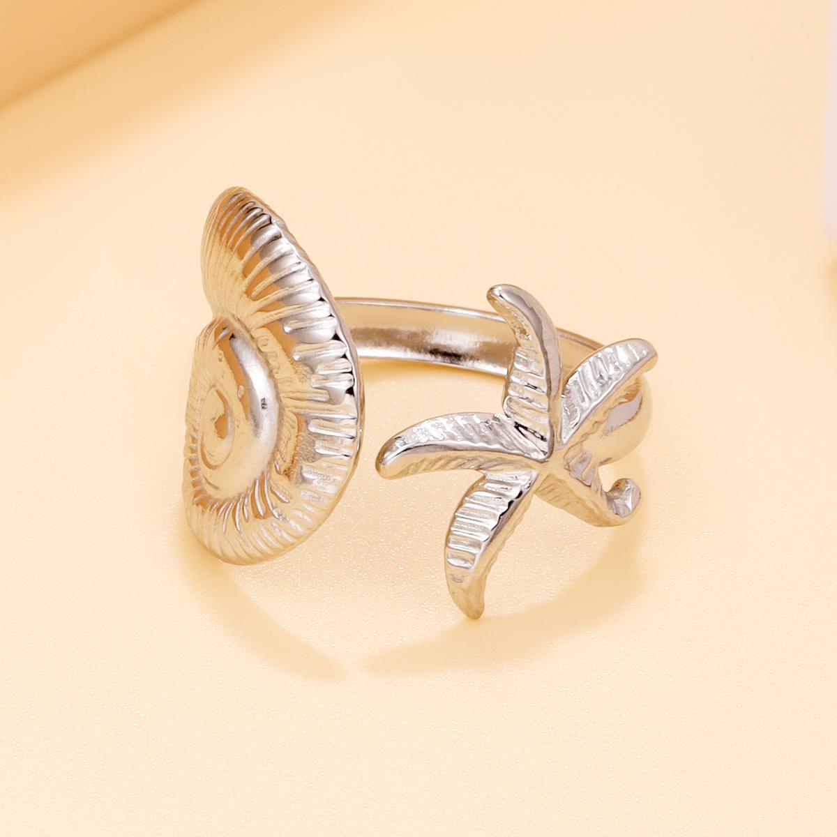 Stylish Ocean Animal Ring: Starfish & Seashell Design, Stainless Steel, Adjustable Open Band