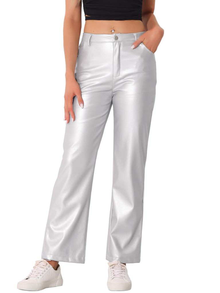 Allegra K Punk Pants, High-Waisted, Straight-Leg, Casual, PU Faux Leather, Retro, Shiny, Women's, Silver, Size S