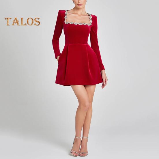 Damenkleid mit Strass-Blumen, quadratischem Ausschnitt, langen Ärmeln, A-Linie, einfarbig, Minikleid über dem Knie, Herbst-Frühlingskleid für Dating-Party