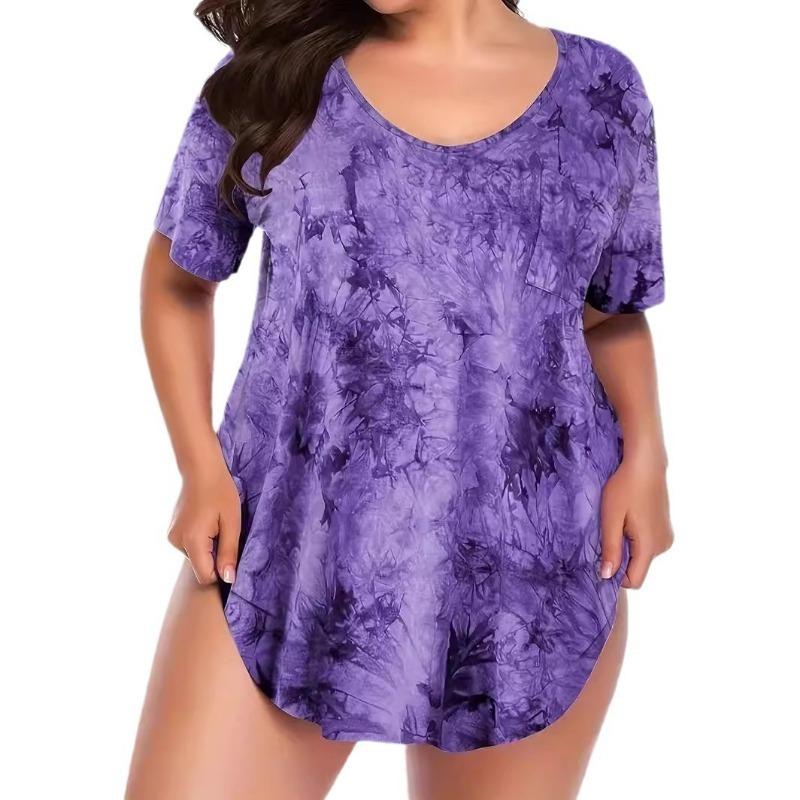 Women's Plus Size Summer Fashion V Tie Pocket Tie Dye Short Sleeved T Shirt
