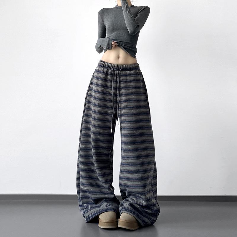 2025 Winter Striped Wide-Leg Women s Pants: Elastic Waist, Drawstring, Casual, Slimming Extra Large