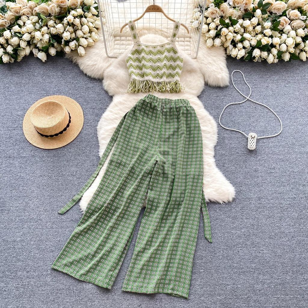 Bohemian Seaside Holiday Sle Zweiteiliger Anzug mit Wellenmuster, Camisole-Ärmel, vielseitiges, geschlitztes Hosenset mit weitem Bein