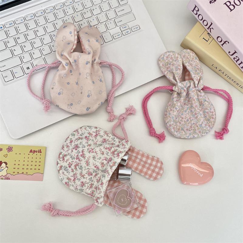59302 Cute Rabbit Ears Floral Bouquet Mouth Drawstring Storage Bag Outdoor Portable Cosmetics Lipstick Hand Bag