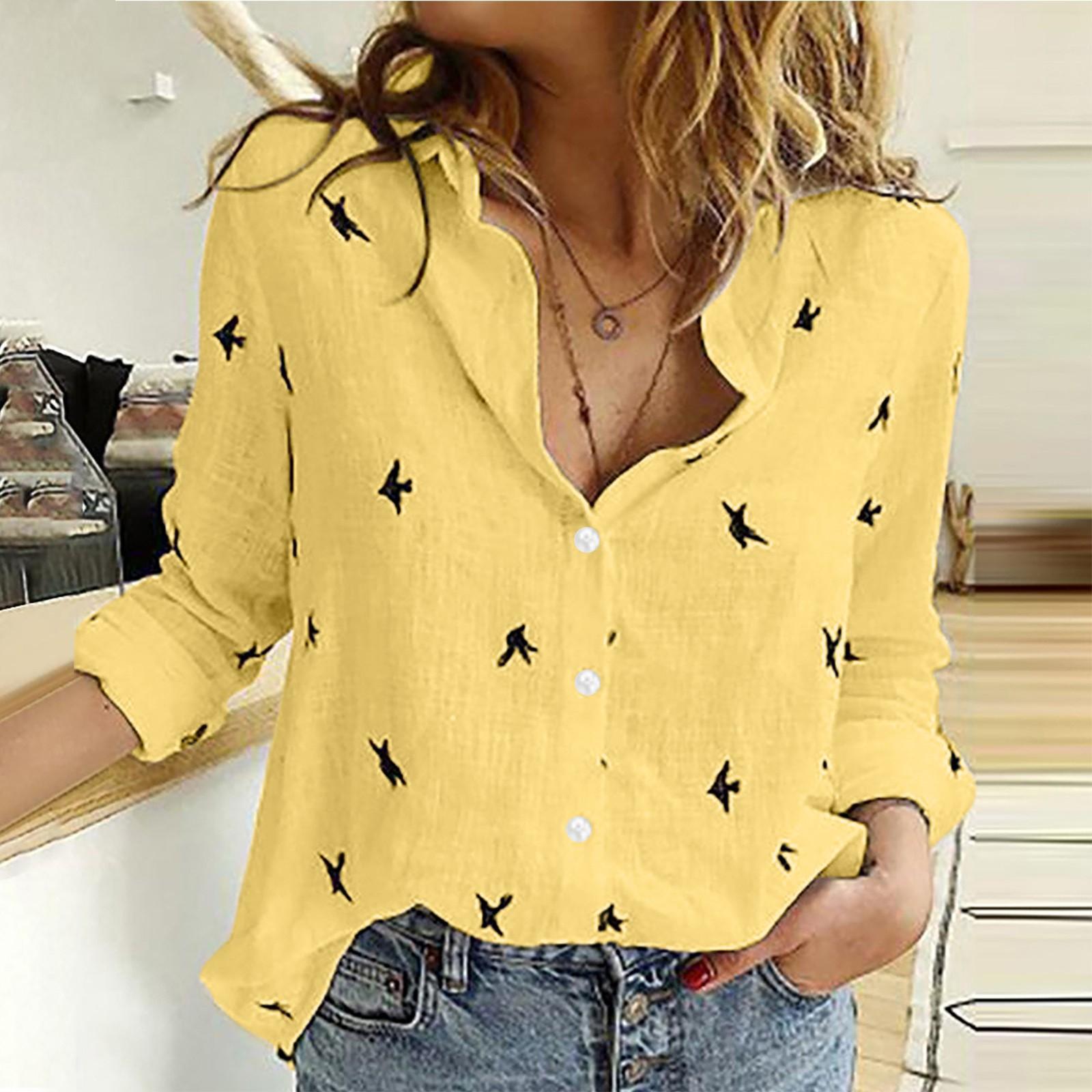 

Женские топы с длинными рукавами, блузка, удобная рубашка с принтом на пуговицах, стиль рубашки XL жёлтый