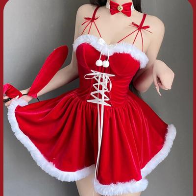 Women Christmas Rabbit Girl Dress Sexy Santa Claus Skirt Anime Cosplay Costume Lingerie Red Dresses Devil Uniform Bunny Ears Set