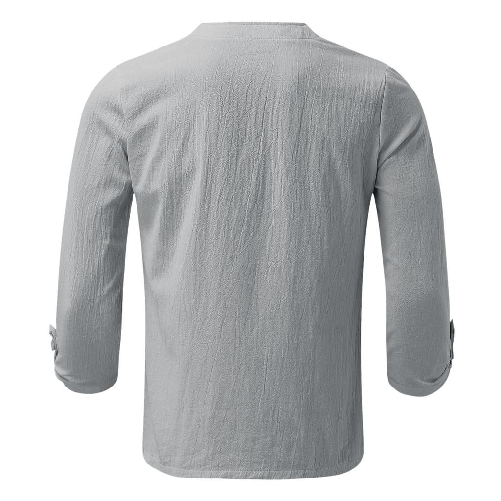 Men's Casual Relaxed Trendy Beach Cotton And Linen Top - Men's 7-inch Sleeve Long Tie-