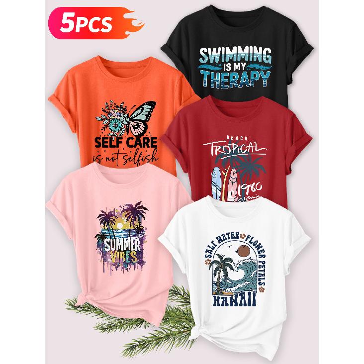 Five-piece Set Elegant Short-sleeved Shirt for Women Coconut Trees and Waves by the Sea SELF CARE English Resort-style Printed Round-neck Women's