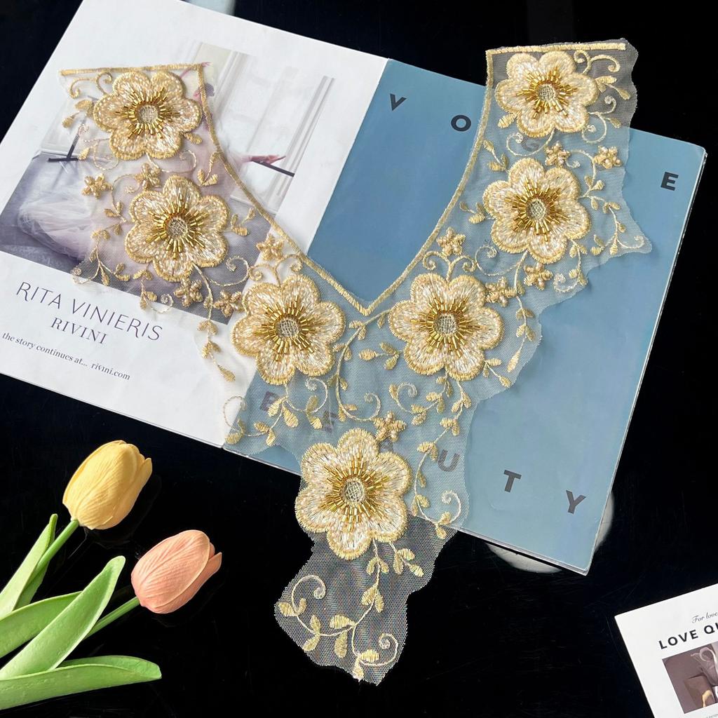 Gold V-Neck Handmade Beads Three-Dimensional Embroidery Flower Cloth Sticker Clothing Cheongsam Dress Decorative Accessories Cloth Sticker Accessories